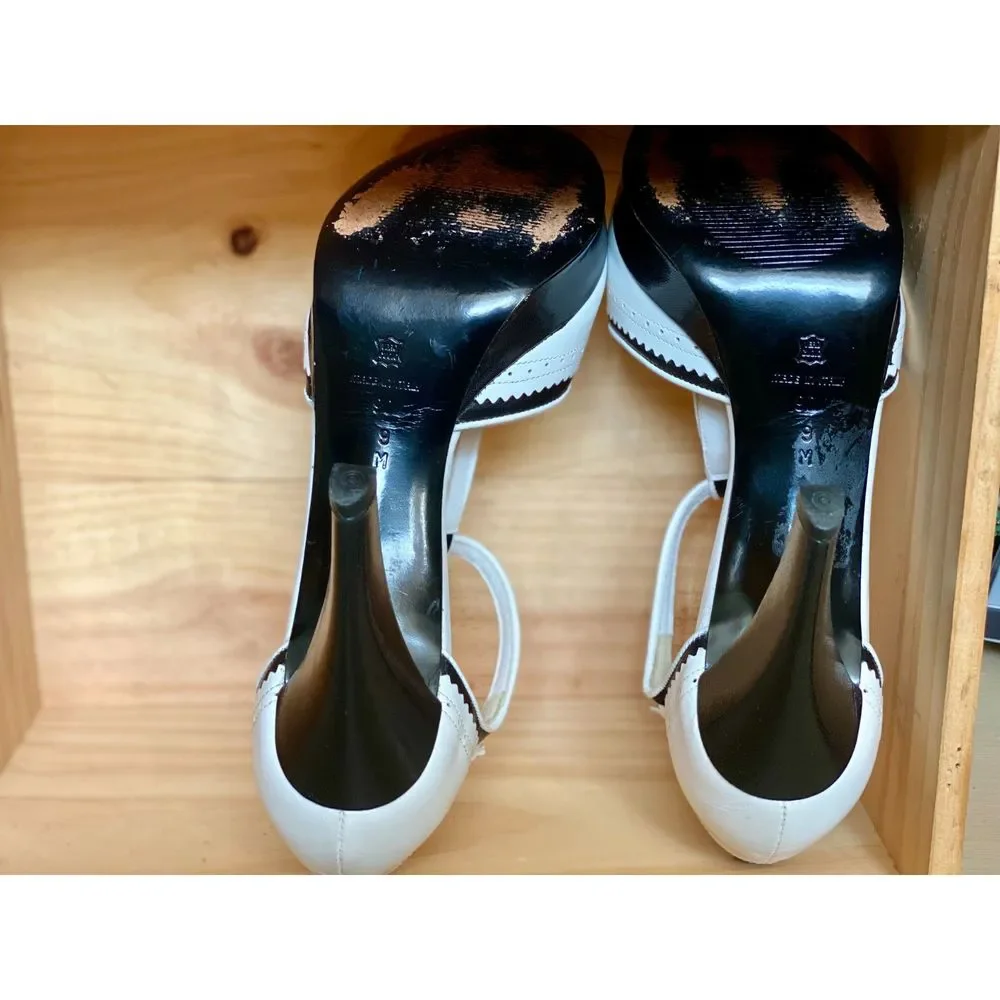 Via Spiga Leather B&W Spectator TStrap Peep Toe Platform Heel SZ 9 Made in Italy